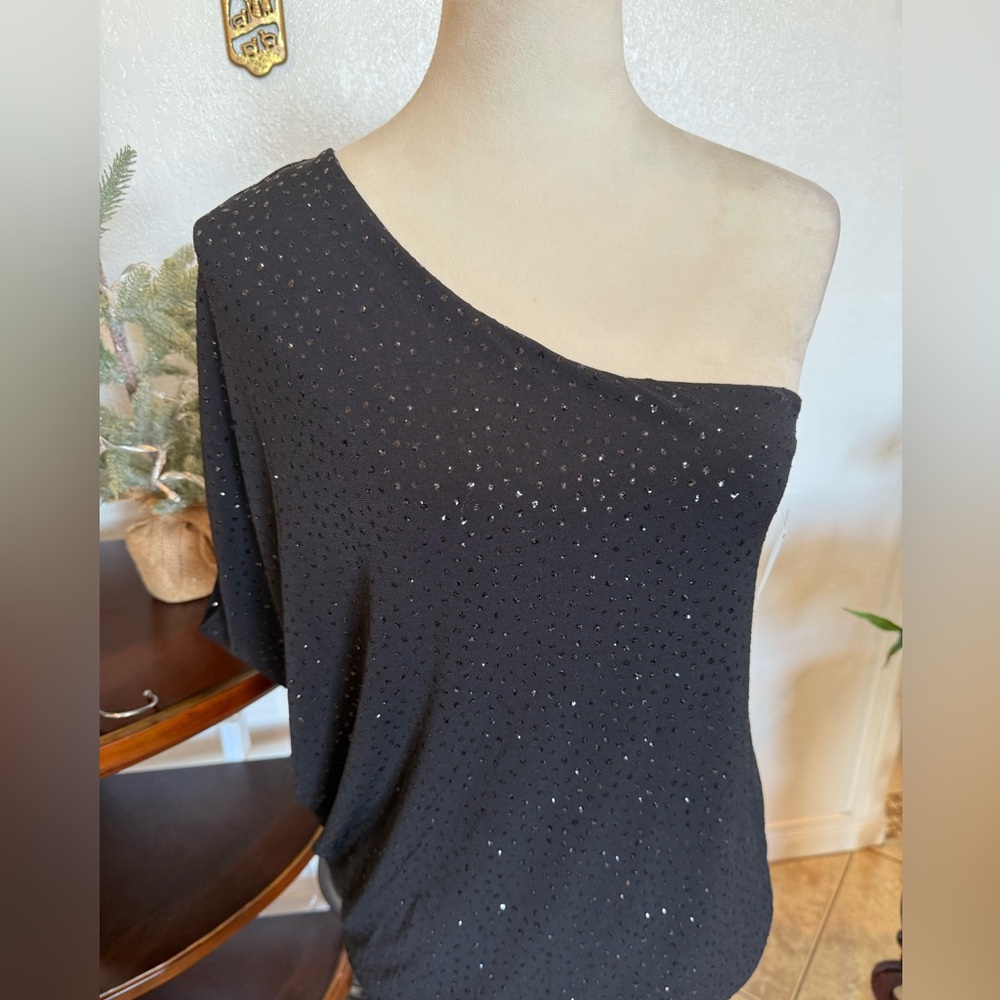 Guess One shoulder Beaded Bling Black Semi Sheer Blouse L